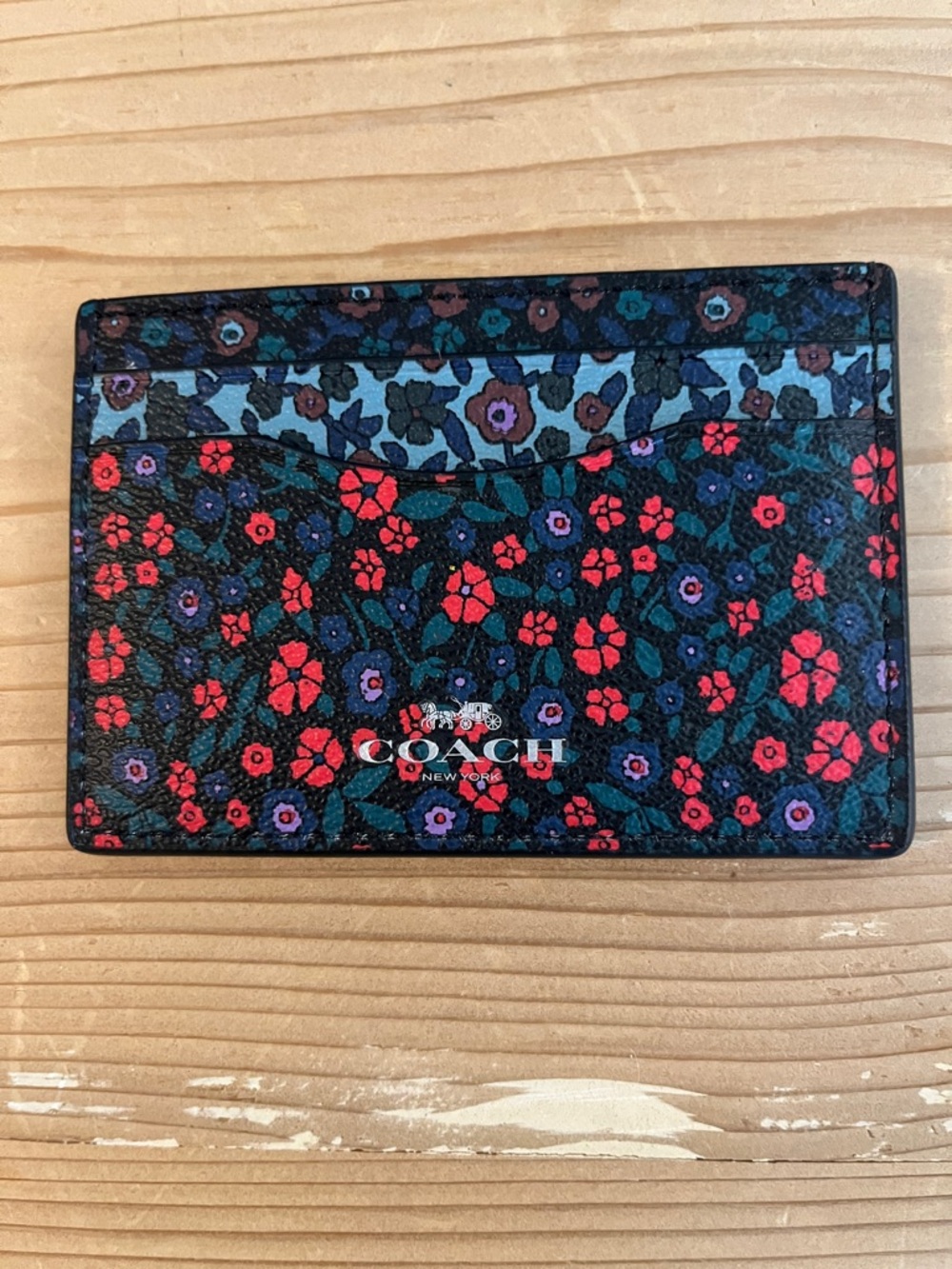 Coach Floral Card Case in Black, Red & Blue